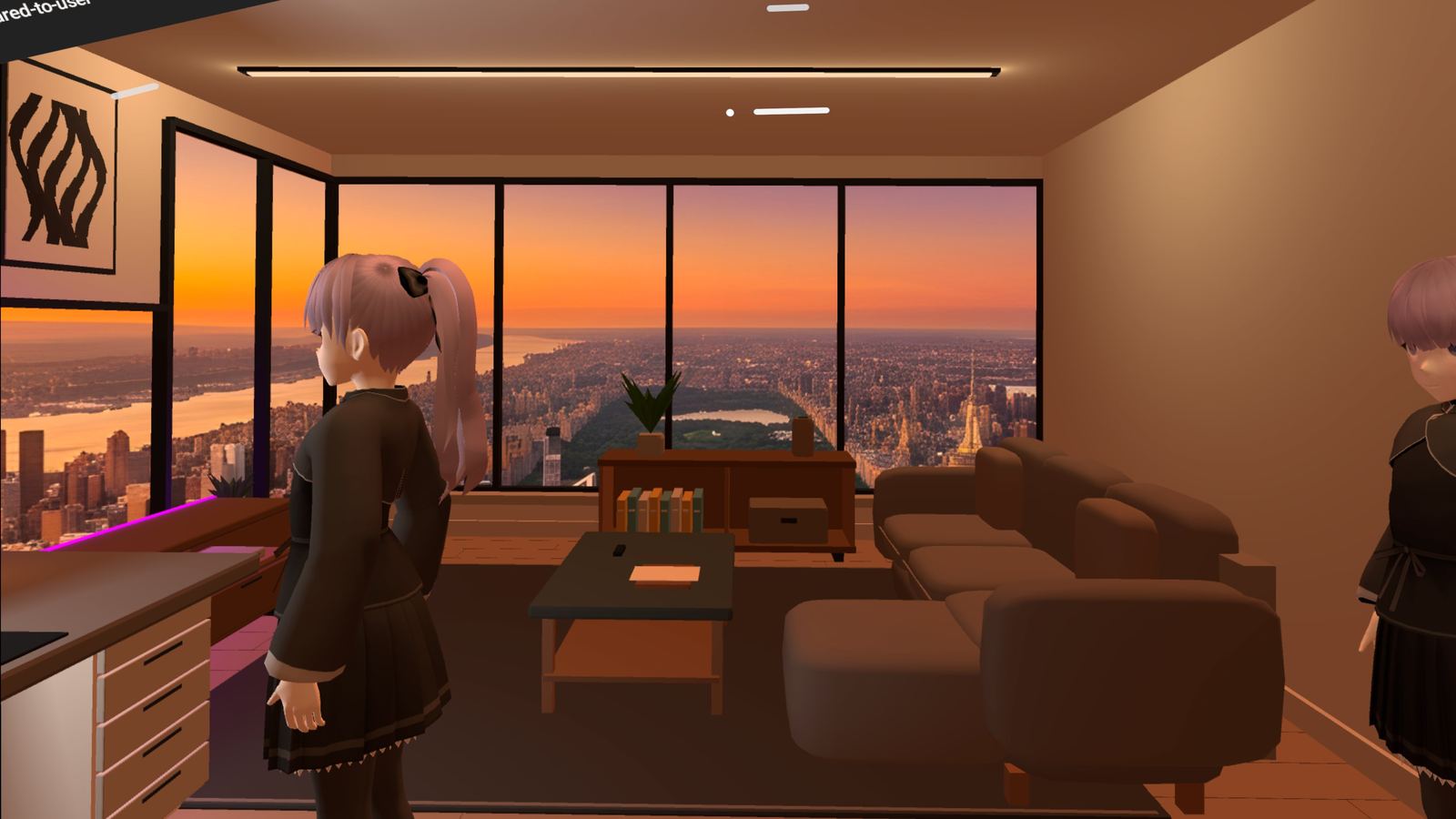Apartamento com vista da cidade ao pôr do sol, dois avatares na sala